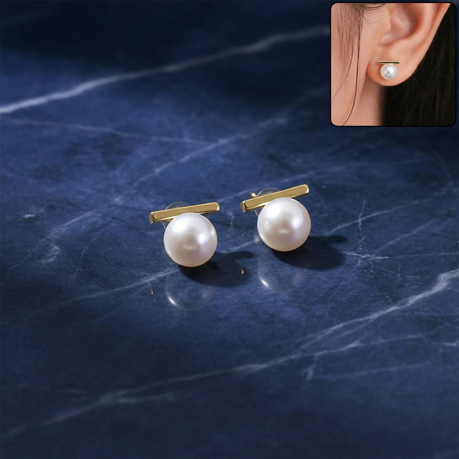 Minimalist Gold Bar Pearl Stud Earrings – Elegant Timeless Jewelry