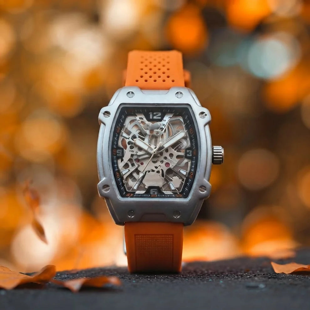 Luxury Skeleton Tonneau Watch with Silicone Strap